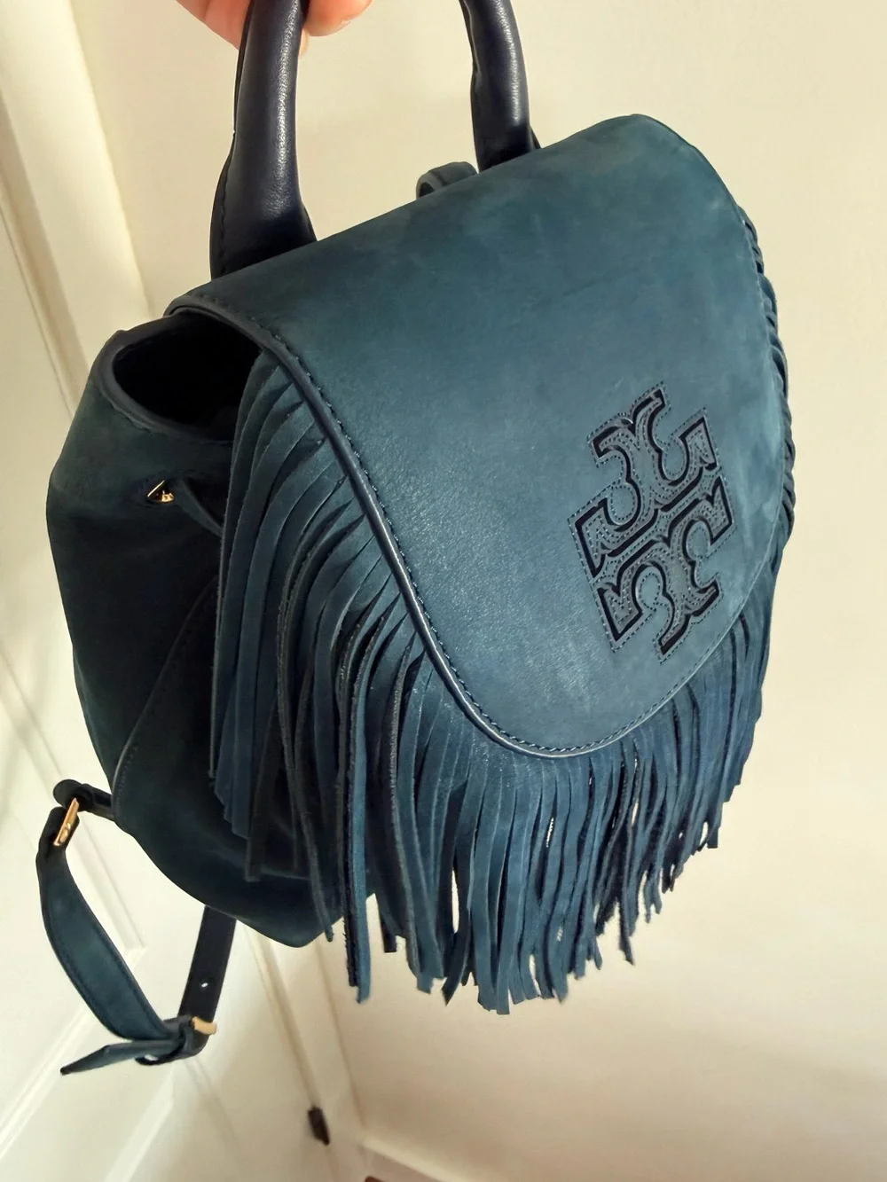 Tory Burch Harper Fringe Suede Backpack in Navy Blue